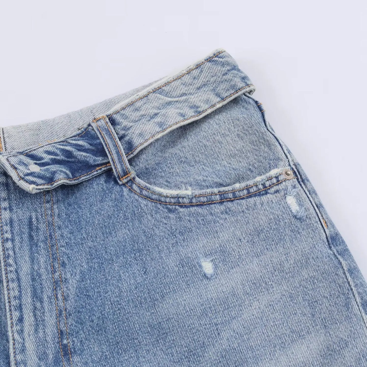 HH Women's 2025 New Fashion Retro Versatile Mid-Waist Turn-Down Jeans Female High Street Casual Ripped Decorative Wide Leg Pants