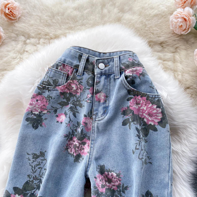 Flowers Print Jeans Women Vintage High Waist Denim Long Pants 2025 Fashion Autumn Casual Wide Leg Full Length Denim Trousers