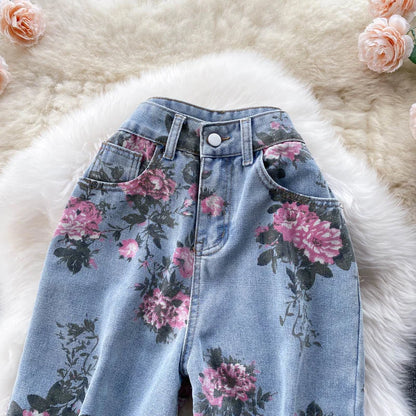 Flowers Print Jeans Women Vintage High Waist Denim Long Pants 2025 Fashion Autumn Casual Wide Leg Full Length Denim Trousers
