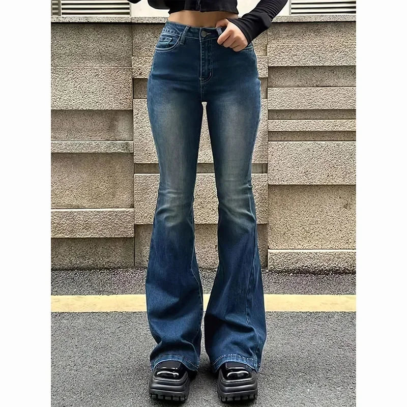 Women High Waist Flare Jeans Lady Fashion Comfortable Bootcut Denim Pants Female Slim Fit Bell Bottoms Retro Blue Nice Trousers