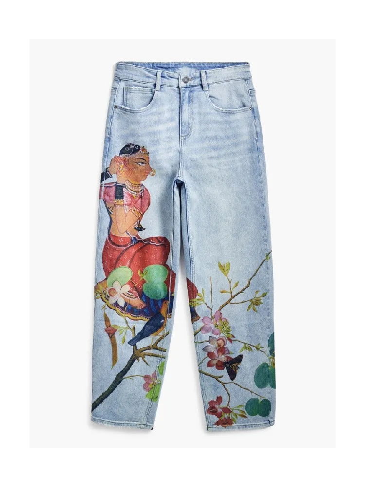 2025 new foreign trade Spain original single women's jeans Bohemian style printed straight leg elastic casual straight leg pants