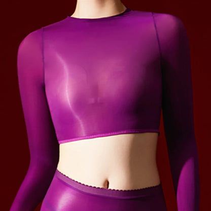 Sexy Women 5D 912 Pin Glove Sleeve Short Top Elastic T-shirt Sheer See Through Maid Tights Oil Glossy Shiny Crop Tops Yoga Wear