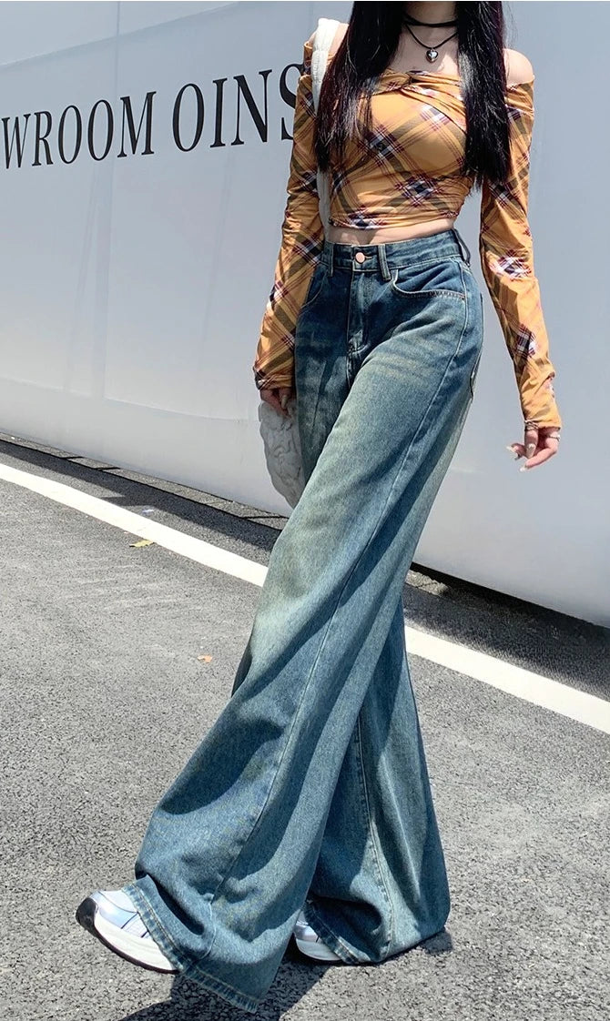 Women's Jeans Denim Pants 2025 Euramerican High Waist Girl Style Jean Trousers Colorful Straight Leg Wide Leg Pants