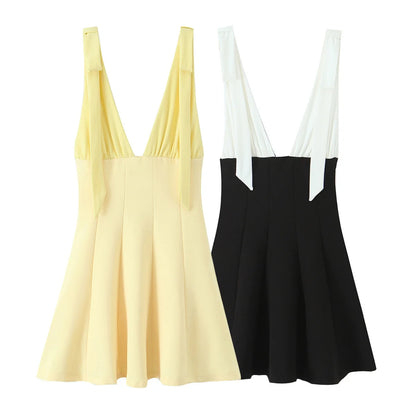 HH Women's New Fashion Mini Dress White Black V-Neck Backless Zipper Decorate Female Summer Sexy Chic Sleeveless Dresses