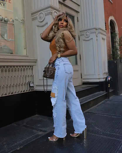 Women Streetwear Cargo Straight Denim Pocket Patchwork Wide Leg Jeans Pants Fall Fashion Ripped Out Party Trousers