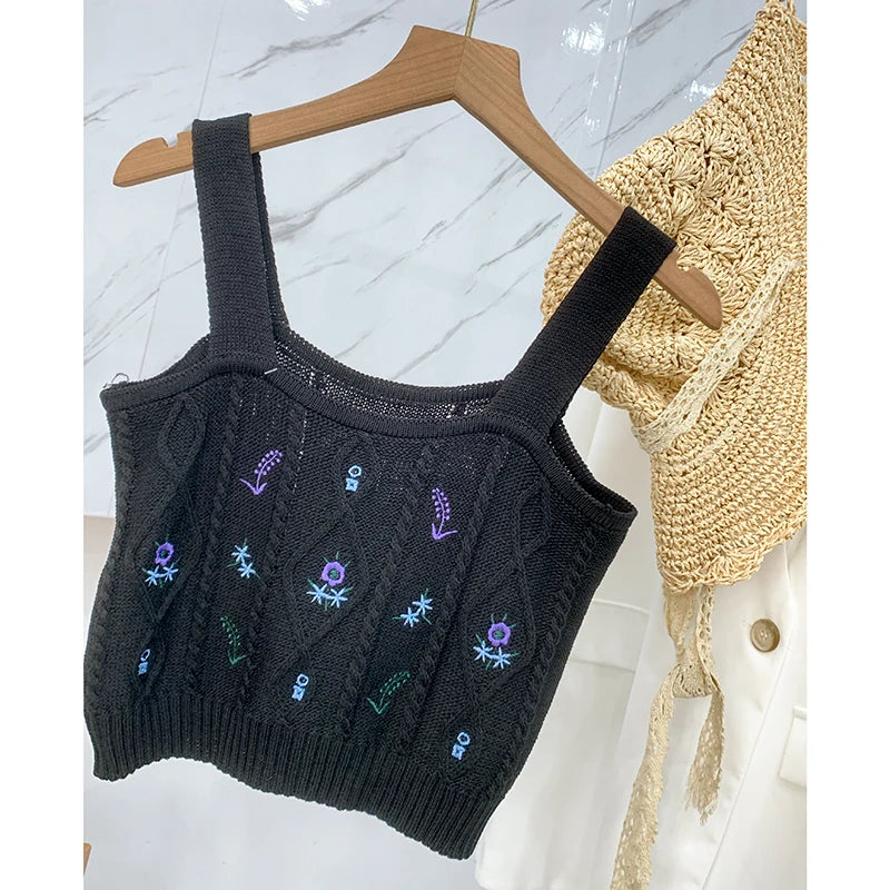 HELIAR Women Flower Embroidery Knitted Crop Tops Women Casual Tube Tops Casual Ribbed Cute Tops Crop Tops Women 2024 Summer