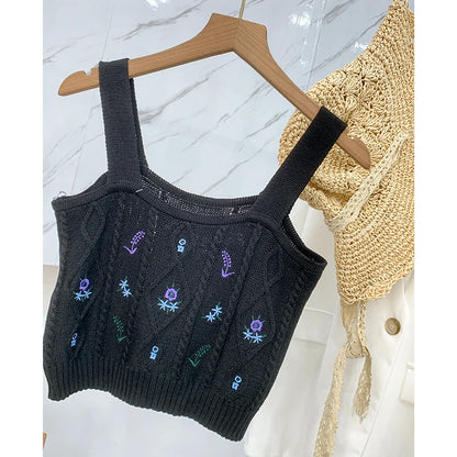 HELIAR Women Flower Embroidery Knitted Crop Tops Women Casual Tube Tops Casual Ribbed Cute Tops Crop Tops Women 2024 Summer