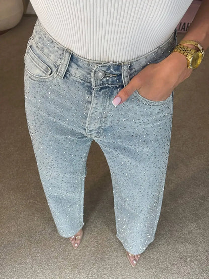 Women's full diamond washed denim jeans women's high-end high waisted straight leg pants spicy pants