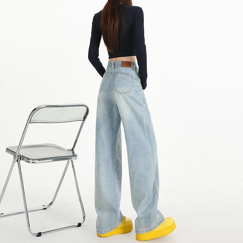 Woman Jeans High Waist Wide Leg Cotton Denim Clothing Design Sense Straight Pant Fashion Comfort White Retro Blue Casual Trouser