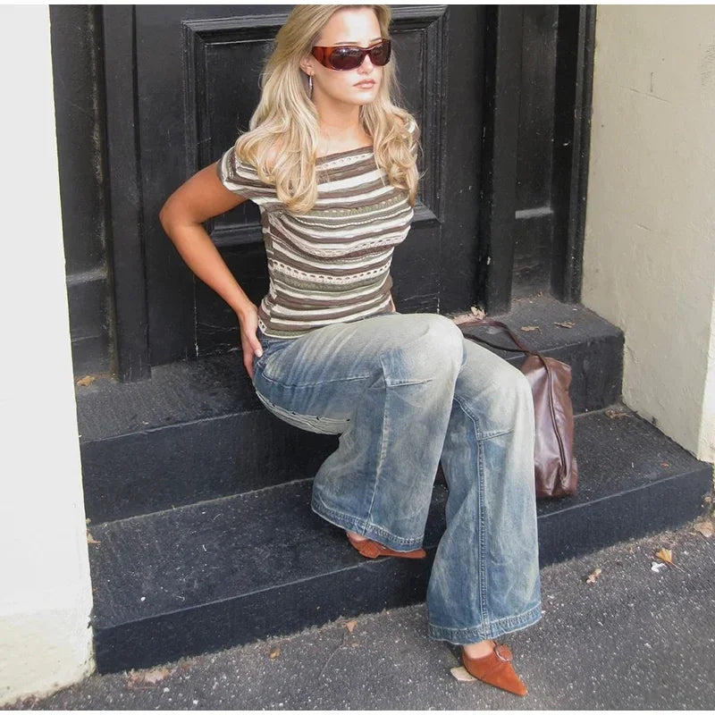 Women's Vintage Baggy Jeans High-Waisted Wide Leg Denim Pants with Back Wing Print Washed Y2K Streetwear 2025 Spring Summer Chic