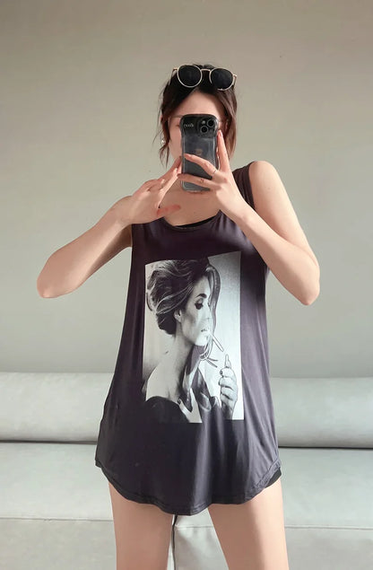 Women Long Tank Tops O-Neck Fashion Print Beauty's Head Casual Loose sleeveless T-shirt streetwear camis tops