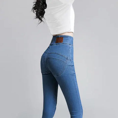 Korean Women High Waist Skinny Jeans Spring Autumn Streetwear Fashion Slim Trousers Denim Solid Button Casual Pencil Pants 2022