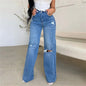 Women Knee Broken Holes Trend Straight Jeans Fashion Comfortable Casual High Waist Denim Pants Female Loose Wide Leg Trousers 24