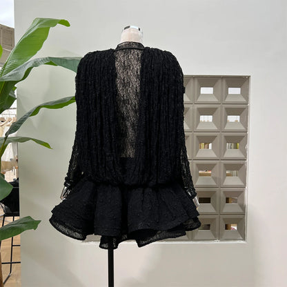 Chic Sheer Three Pieces Mini Dresses For Women Sexy O Neck Long Sleeve Tops Shorts Celebrity See Through Birthday Luxury Outfit