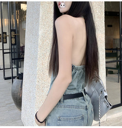 Women's Casual Denim Overalls Vintage Button Down Sexy Backless Holes Hollow Out Ripped Denim Full Pants Female 2024 New Jeans