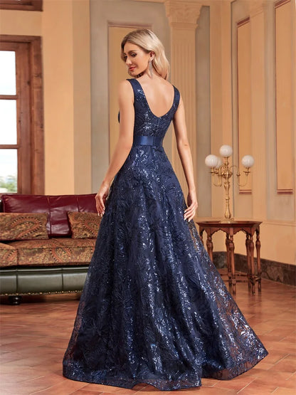 Luxury Sexy Deep V-Neck Sequins Blue Evening Dresses Women Elegant V-back Wedding Party Long Prom Cocktail Dress