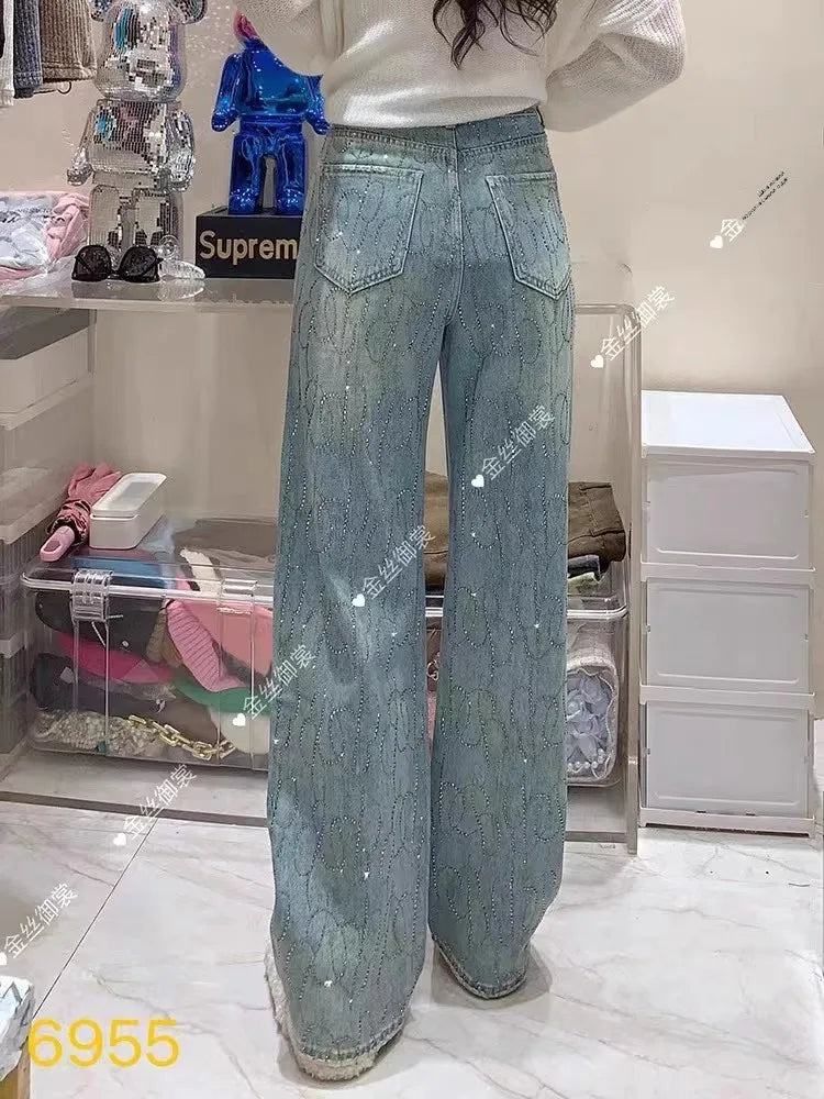Blue Heavy Embellied Design Women's Jeans Loose Fit Straight Leg Wide Leg Pants Versatile Slimming Spring Summer New Arrival