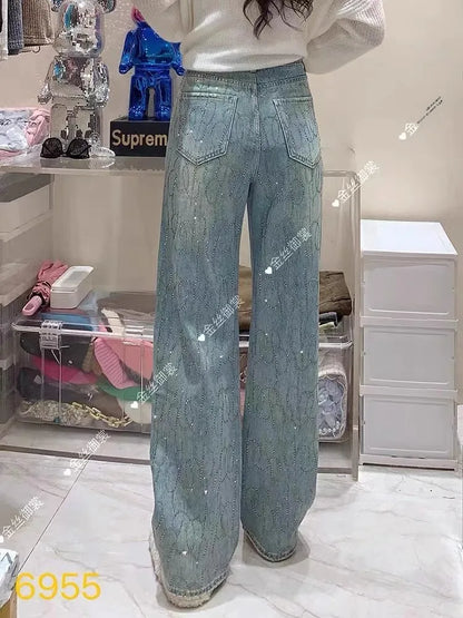 Blue Heavy Embellied Design Women's Jeans Loose Fit Straight Leg Wide Leg Pants Versatile Slimming Spring Summer New Arrival
