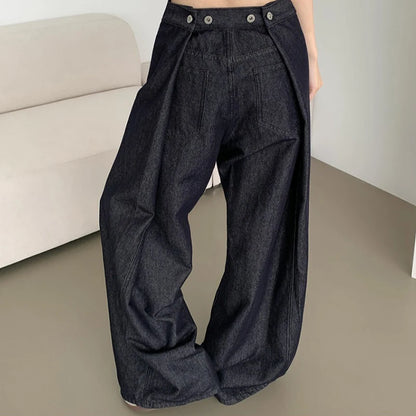 Waist Buckle Jeans Women Stylish High Waist Wide Leg BF Jeans Black Pants Loose Casual Denim Pants