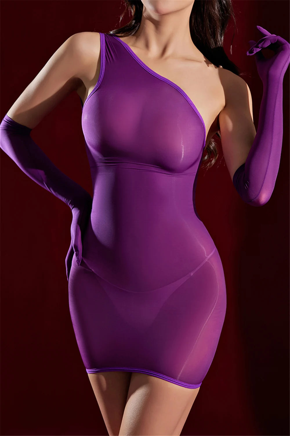 Sexy Women 5D Thin Oil Glossy Shiny Micro Mini Dress Sloping Shoulders Tights Dress Sheer See Through Elastic Maid Dress