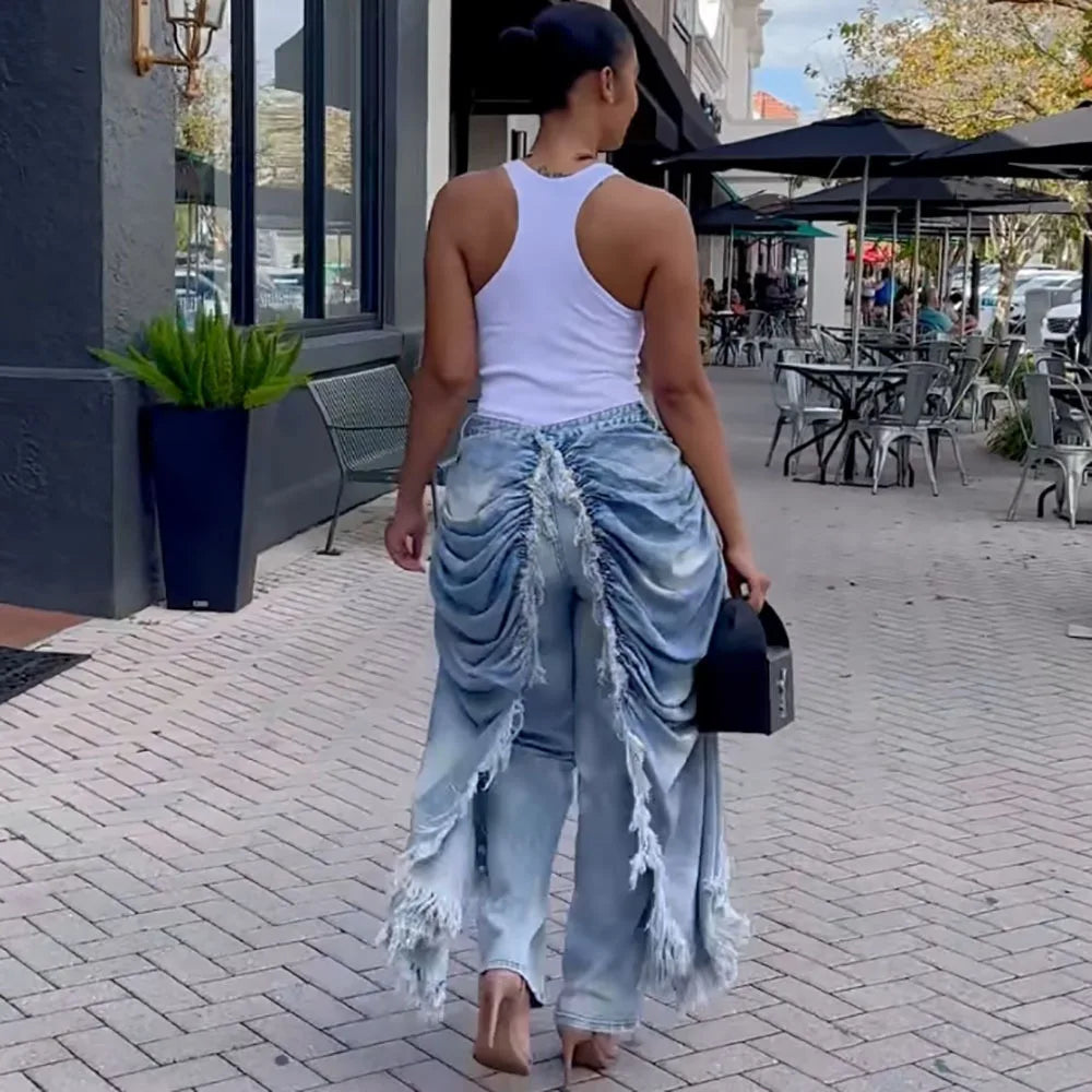 WTHT New Trendy Women Wrinkled Burr Edge Design Straight Jeans 2025 Winter Fashion High Waist Casual Denim Pants Female 1LS2770