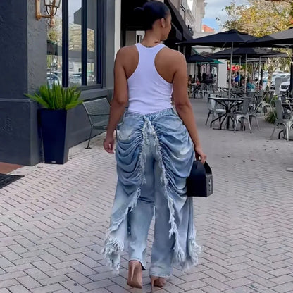 WTHT New Trendy Women Wrinkled Burr Edge Design Straight Jeans 2025 Winter Fashion High Waist Casual Denim Pants Female 1LS2770