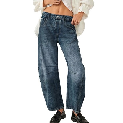 Women's Mid Rise Barrel Jeans For Women Wide Leg Mid Waist Cropped Denim Pants Baggy Boyfriend Jeans With Pockets New Wash