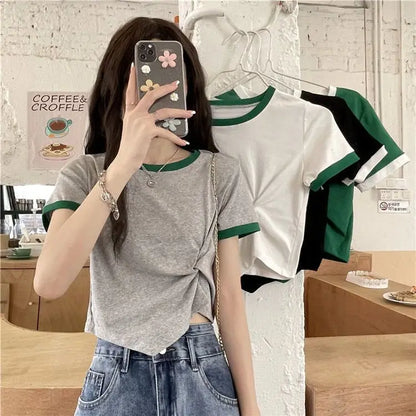 Women's Tops Trendy French Niche Girls T-shirts Chic Irregular Splicing Contrasting Colors Korean Style Modification Ins Style