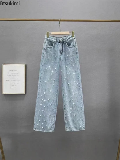 New 2026 Women's Jeans Pants Beading High Waist Casual Straight Pants for Women Streetwear Elegant Splice Denim Female Trousers