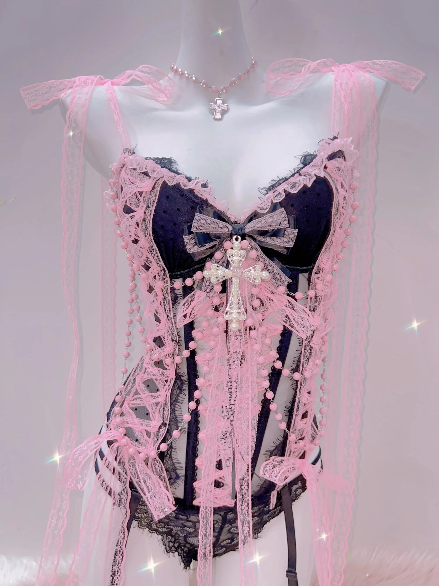 Cross Tank Tops Lace Tank Tops Pink crop top  gothic  tank tops  y2k tops y2k fashion LolitaTank TopsKawaii Tank Tops   bow tops