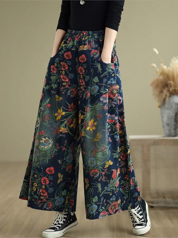 Jeans Flower Floral Print Autumn Wide Leg Pant Women Loose Pleated Fashion Ladies Oversized Trousers Elastic Waist Woman Pants