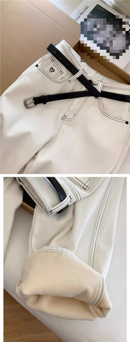 2025 Women's White Jeans High Waist Heart Embroidery Denim Pants Belted Casual Slim Fit Female Fashion Trousers