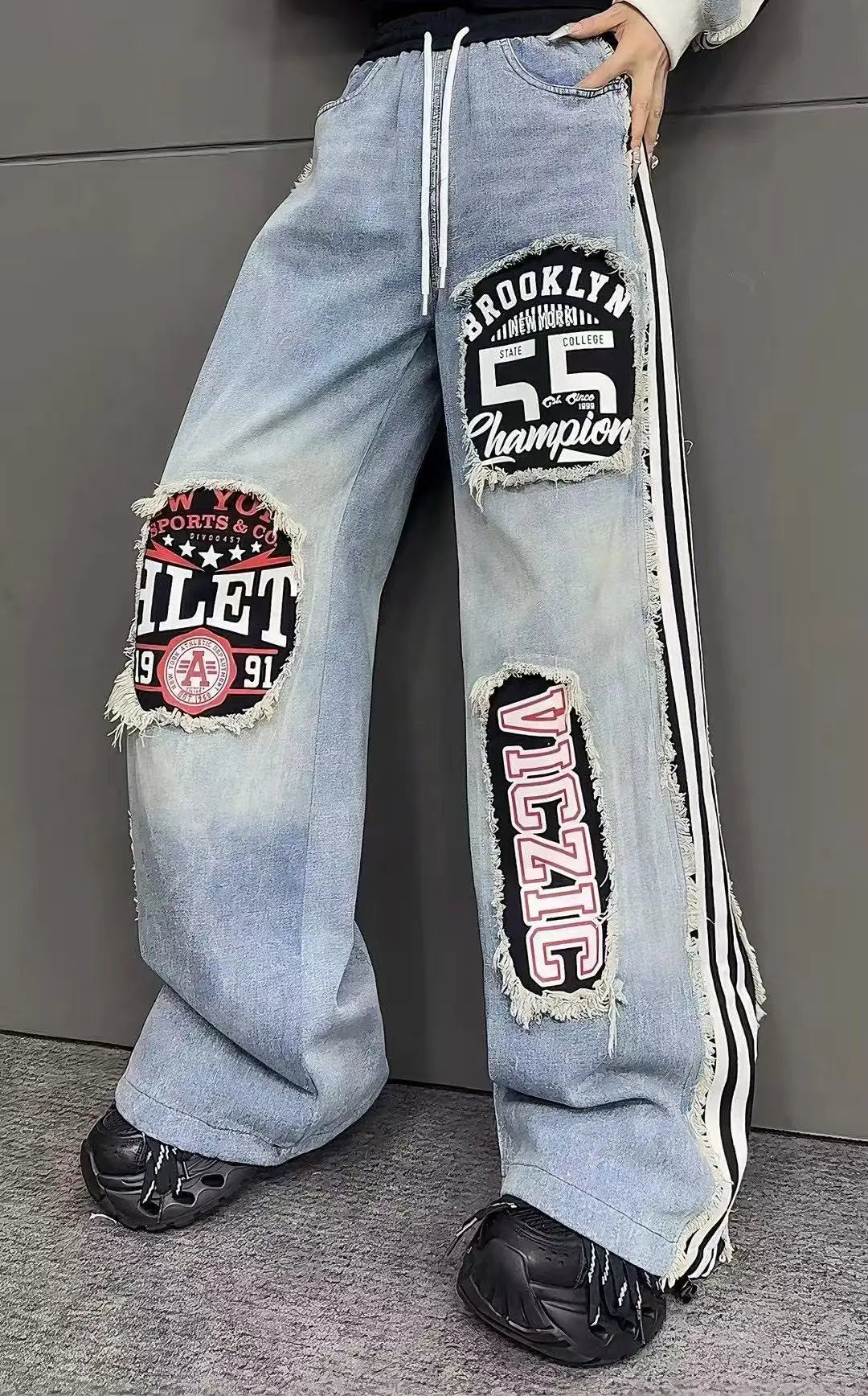 European Style Women's Jeans 2025 Autumn New Heavy-Duty Distressed Frayed Edge Letter Print Drawstring Long Pants Jeans Woman