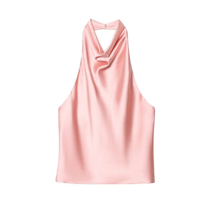 MUJER 2025 Halter Tops for Women Black Satin Backless Top Female Pink Summer Beach Top Woman off Shoulder Camisole Top Women
