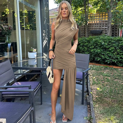Irregular Draped Ruched Sexy Mini Dress For Women Turtleneck Sleeveless Pleated Slim Party Dress Female Holiday Beach Dresses