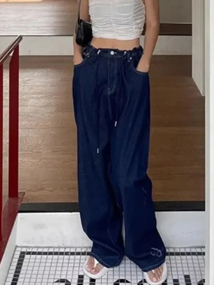 Korean Ins Retro Versatile High Waist Women's Straight Leg Jeans Summer New Fashion Loose Drawstring Design Women Wide Leg Jeans