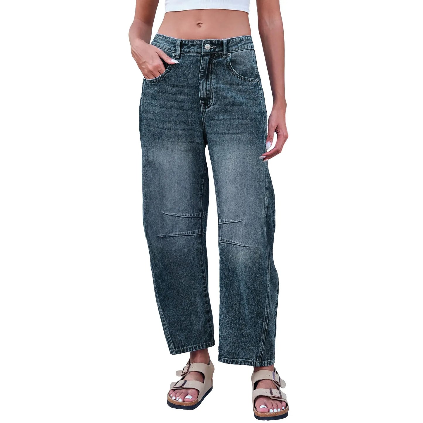 Women's Mid Rise Barrel Jeans For Women Wide Leg Mid Waist Cropped Denim Pants Baggy Boyfriend Jeans With Pockets New Wash