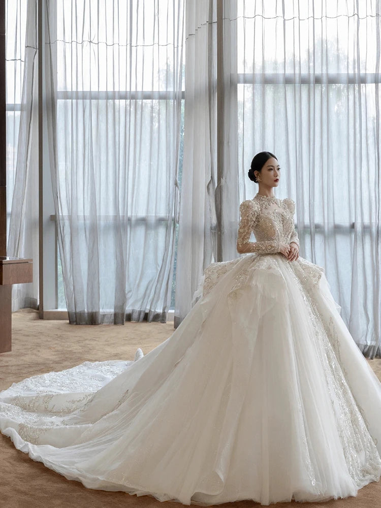 Customized Luxury Bridal Main Dress Long Sleeve Wedding Dress Light High-end Heavy Industry Tail High-quality Vestidos De Noiva
