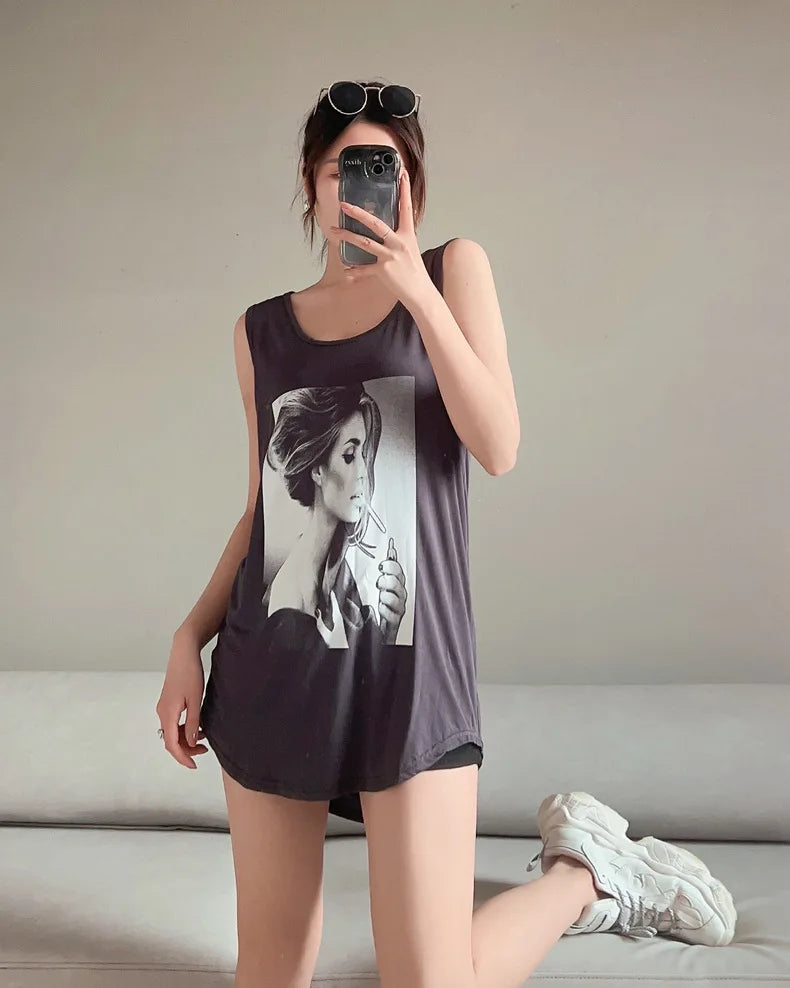 Women Long Tank Tops O-Neck Fashion Print Beauty's Head Casual Loose sleeveless T-shirt streetwear camis tops