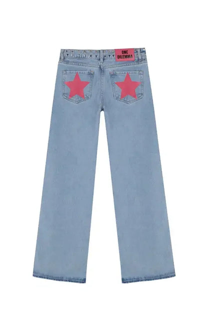 Gothic Womens ONE DILEMMA Jeans Y2K Clothes Hip Hop Five Pointed Star Sequin Rivet Fashion Casual Baggy Jeans Straight Trousers