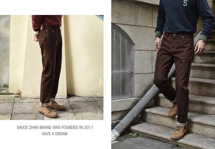 Saucezhan Men Jeans Brown Jeans Men Jeans Trousers  Selvedge Denim Jeans for Men Taper Fit Mens Jeans vintage 13.8 Oz