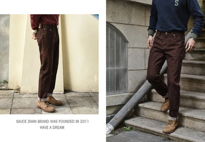 Saucezhan Men Jeans Brown Jeans Men Jeans Trousers  Selvedge Denim Jeans for Men Taper Fit Mens Jeans vintage 13.8 Oz