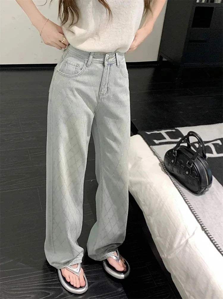 Fashion Women's Jeans High Waist One Side Plaid Shape Diamonds Wide Leg Denim Pants 2025 New Classic Straight Trousers