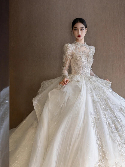 Customized Luxury Bridal Main Dress Long Sleeve Wedding Dress Light High-end Heavy Industry Tail High-quality Vestidos De Noiva
