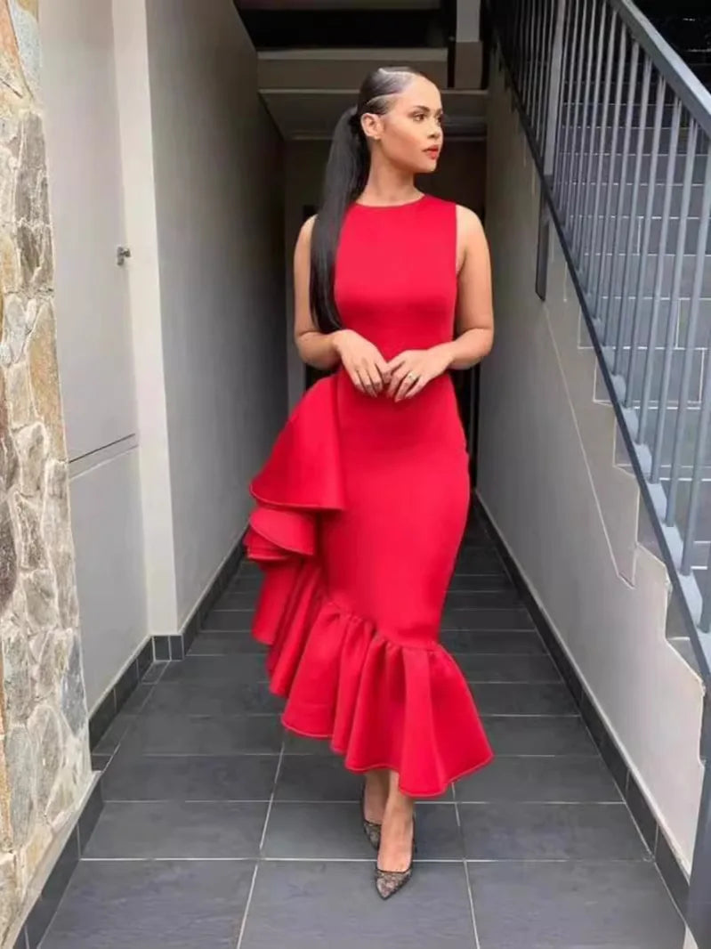 Summer Dress for Women 2024 Casual Solid Ruffle Hem Irregular Sleeveless Party Birthday Wedding Maxi Long Dresses Women