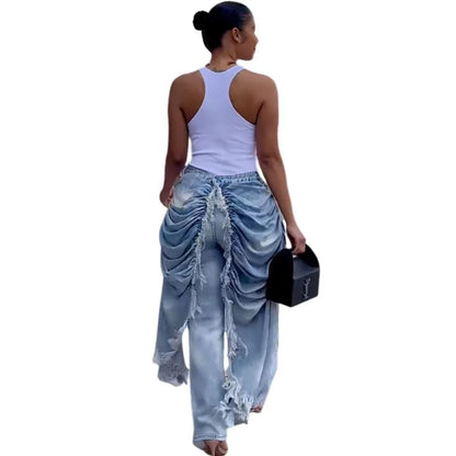 WTHT New Trendy Women Wrinkled Burr Edge Design Straight Jeans 2025 Winter Fashion High Waist Casual Denim Pants Female 1LS2770