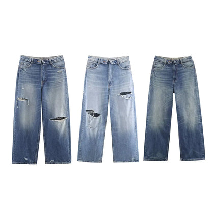 HH Women's 2025 New Fashion Retro Versatile Mid-Waist Turn-Down Jeans Female High Street Casual Ripped Decorative Wide Leg Pants