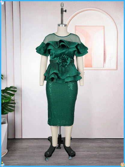 2026 New Plus Size European African Evening Dress Turkish Sequin Ruffle Long Dress Women Elegant Wedding Party Gown