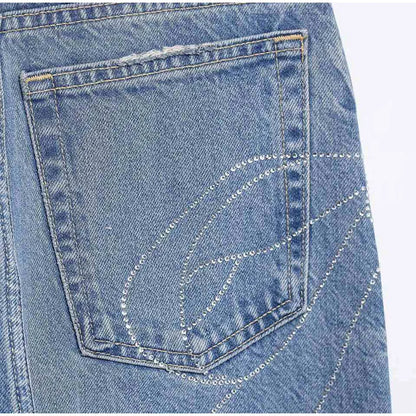 2025 Women Diamonds Denim Jeans Solid Loose Straight Long Pants Woman Casual High Waisted Pockets Streetwear Baggy Trousers