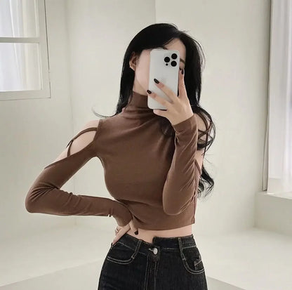 Tops Woman Slim Off Shoulder Sexy Crop Brown Long Sleeve T Shirt for Women Turtleneck Clothing Female Harajuku Fashion Korean